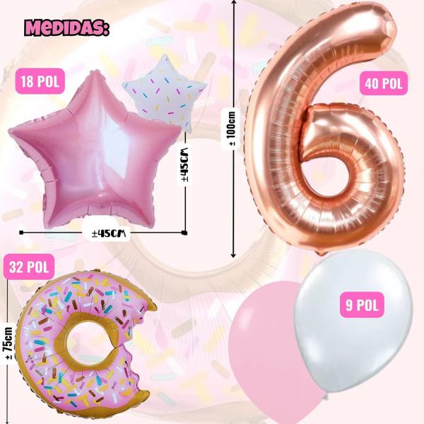 Imagem de Kit 56pçs, Balão Metalizado Donuts 75cm + 4 Estrelas Metalizadas 45cm + 50 Balões de Látex + Balão Metalizado Numero