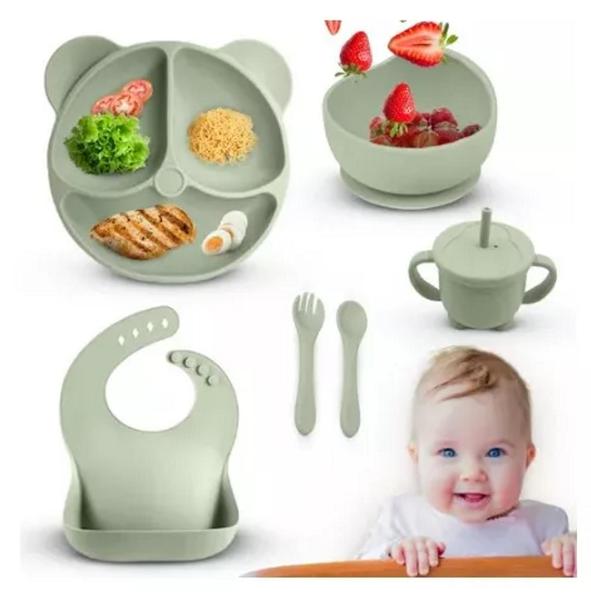 Imagem de Kit 6 Alimentação Bebê Silicone Prato Babador Copo Tigela