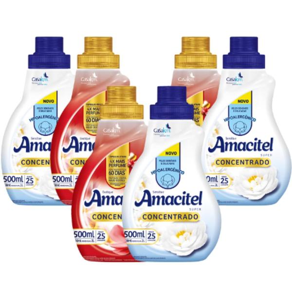 Imagem de Kit 6 Amaciante Roupas Concentrado Amacitel Cheiro Suave 500ml