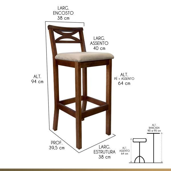 Imagem de Kit 6 Banquetas Média Estofada para Bancada Madri Madeira Castanho Suede Bege CCS