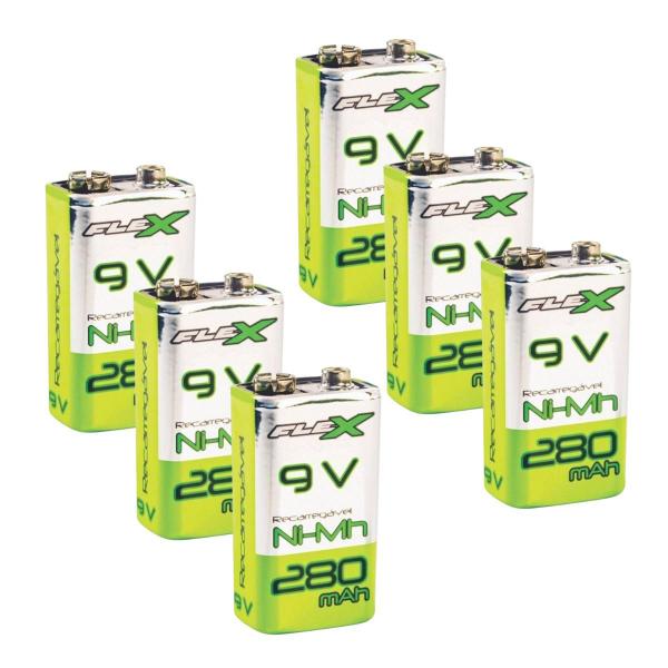 Kit 6 Bateria Recarregáv 9v + Carreg Bateria Pilha Aa/aaa/9v Auto Stop - Flex Gold Imagem de Kit 6 Bateria Recarregáv 9v + Carreg Bateria Pilha Aa/aaa/9v Auto Stop