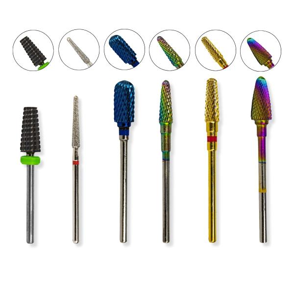 Imagem de Kit 6 Brocas Tungstênio Umbrella M-Colorful, Bullet XF, Flame F-720, Umbrella TLR, Large Barrel Ball M-Blue, Flame F, Umbrella F-Gold, Lixadeira Unhas