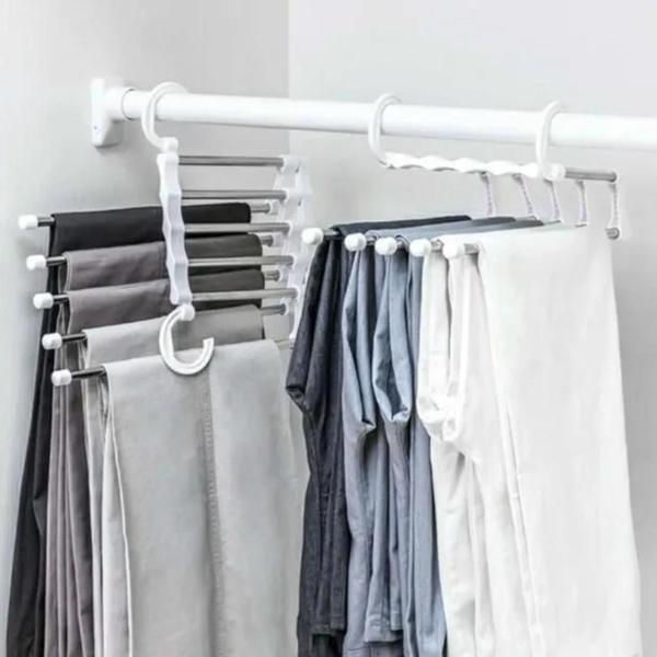 Imagem de Kit 6 Cabides Calça Organizadores Otimizador Espaço 5 Ganchos Multifuncional Inox Branco Clink