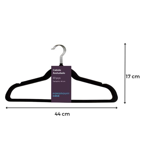 Imagem de Kit 6 Cabides Veludo Preto Gancho Prata Antideslizantes 44cm - Paramount Plásticos