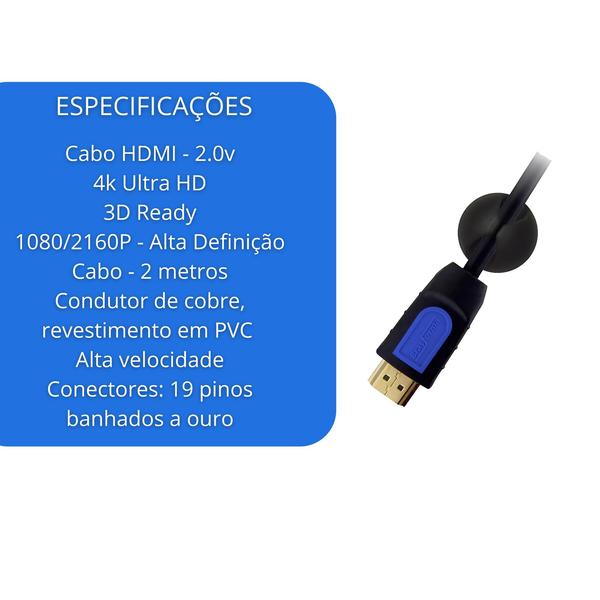 Imagem de Kit 6 Cabo HDMI 2.0 4k 2mts Ultra HD conector banhado a ouro