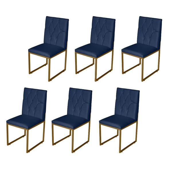 Kit 6 Cadeira de Jantar Escritorio Industrial Malta Capitonê Ferro Dourado Suede Azul Marinho - Móveis Mafer Imagem de Kit 6 Cadeira de Jantar Escritorio Industrial Malta Capitonê Ferro Dourado Suede Azul Marinho - Móveis Mafer