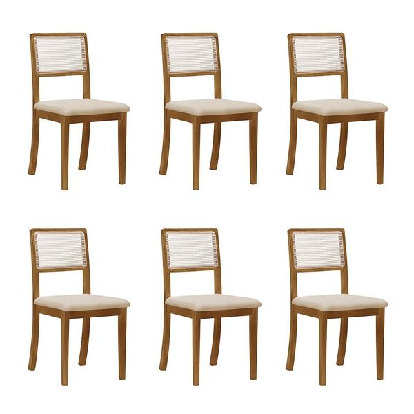 Imagem de Kit 6 Cadeiras de Jantar Luxo Palha Estofadas Veludo Bege Encosto Tela Sextavada Rubi Madeira Maciça