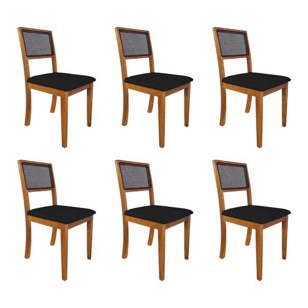 Imagem de Kit 6 Cadeiras de Jantar Madeira Maciça Mel Encosto Telinha Palha Estofada Veludo Preto Rubi Premium