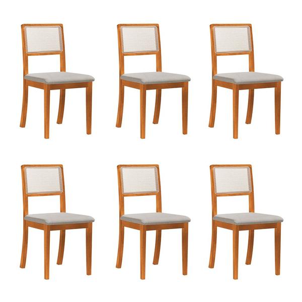 Imagem de Kit 6 Cadeiras Estofadas Tecido Linho Bege Encosto em Tela Sextavada Rubi Madeira Maciça Castanho