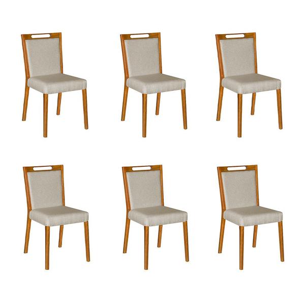 Imagem de Kit 6 Cadeiras Jantar Estofadas Linho Bege Cristal Base Madeira Maciça Mel
