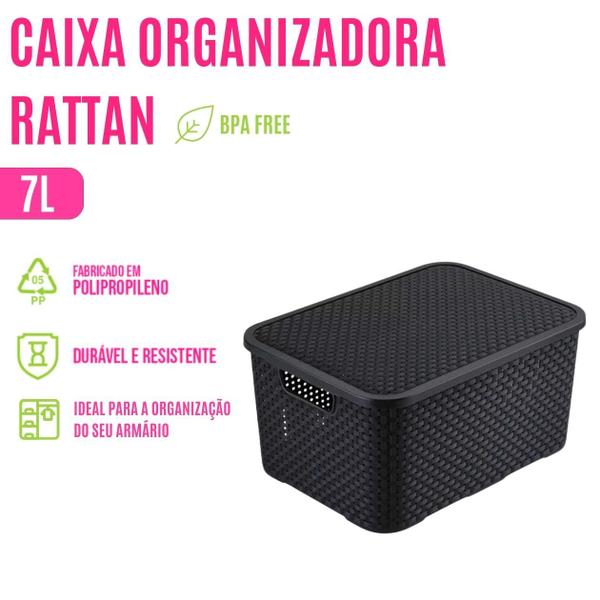 Imagem de Kit 6 Caixas Organizadoras C/ Tampa 7L Empilhável Decorativo Cesto P/ Quarto Lavanderia Cozinha Roupas Rattan Resistente