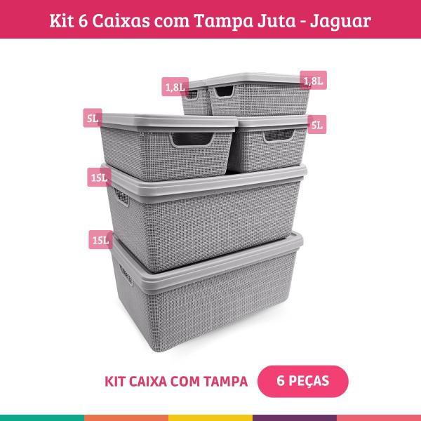 Imagem de Kit 6 Caixas Organizadoras com Tampa Cesto Juta Cinza