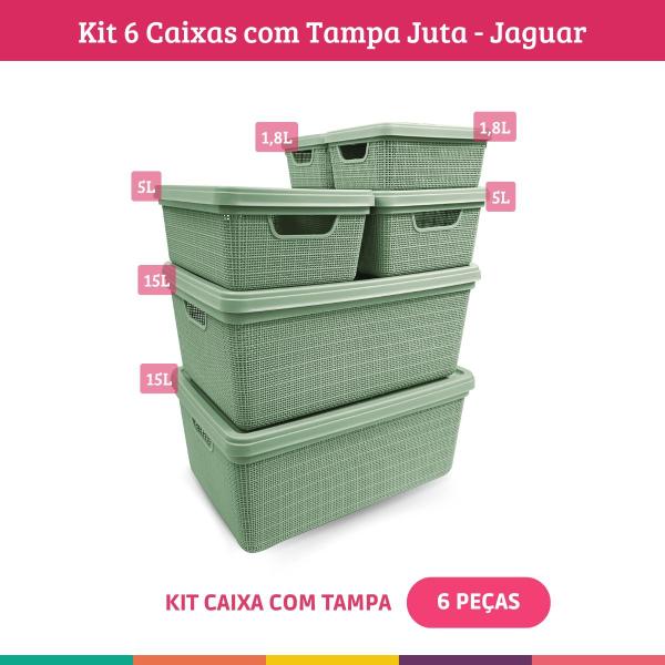 Imagem de Kit 6 Caixas Organizadoras com Tampa Cesto Juta Verde