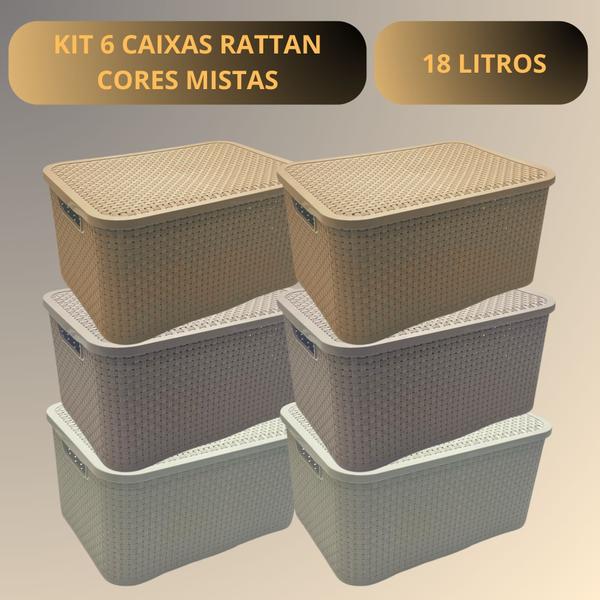 Imagem de Kit 6 Caixas Organizadoras Multiuso Rattan 18 Lts Com Tampa