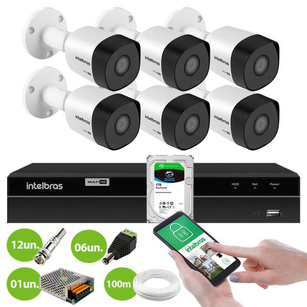 Imagem de Kit 6 Câmeras Segurança Bullet VHD 3130 B DVR 8 canais MHDX 1208 Detecção Inteligente Intelbras 1TB