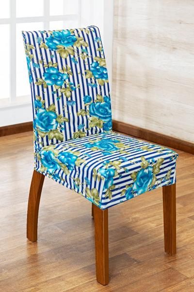 Imagem de Kit 6 Capas de Cadeira de Jantar Estofada Malha Gel que Estica com Elástico Estampa 3 Floral Azul