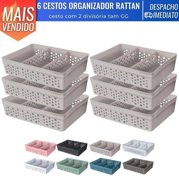 Imagem de Kit 6 Cesto Organizador Rattan c/ 2 Divisórias Tam GG P/ Joias Maquiagem Miudezas