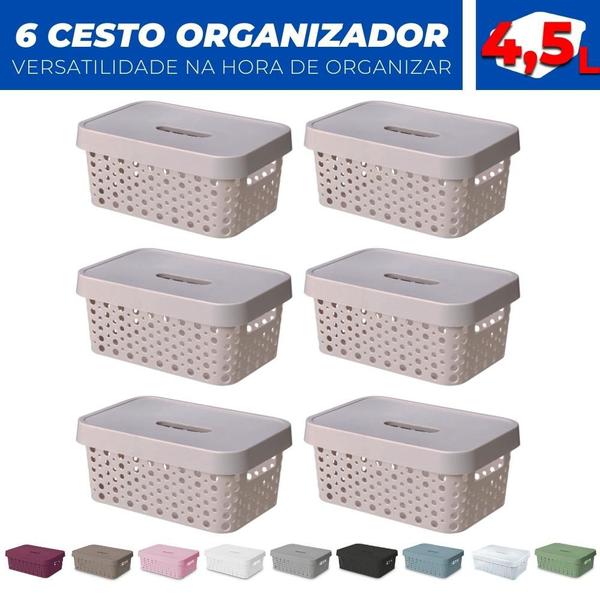 Imagem de Kit 6 Cesto Organizador Rattan c/Tampa 4,5 Litros Multiuso Plástico