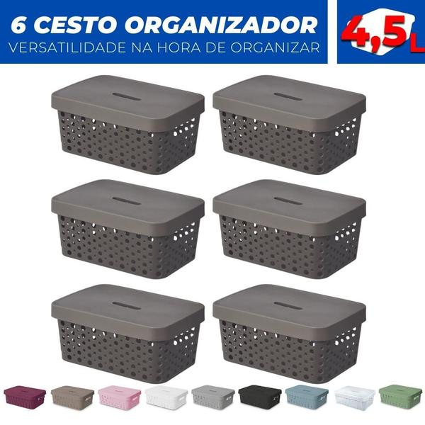 Imagem de Kit 6 Cesto Organizador Rattan c/Tampa 4,5 Litros Multiuso Plástico