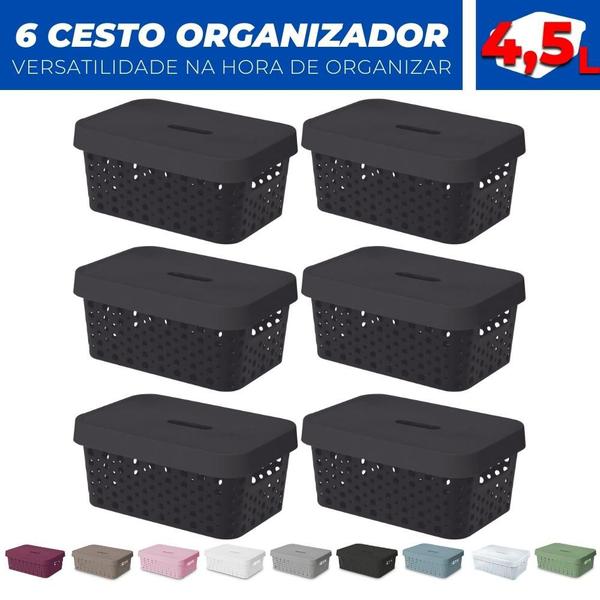 Imagem de Kit 6 Cesto Organizador Rattan c/Tampa 4,5 Litros Multiuso Plástico