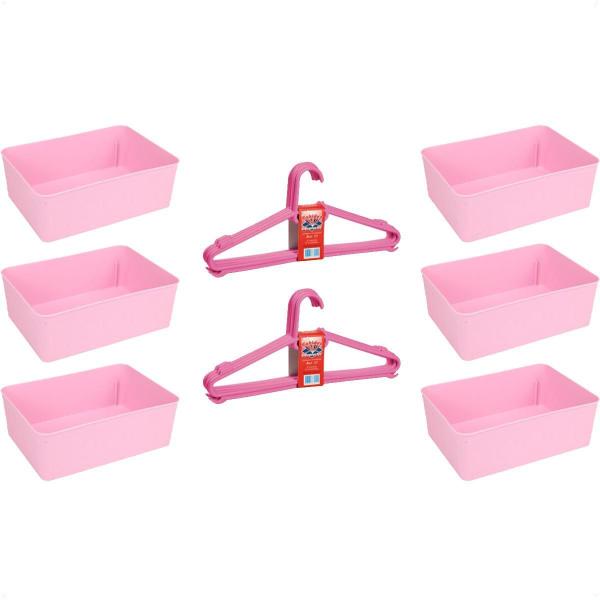 Imagem de Kit 6 Cestos Multiuso E 10 Cabides Infantil Reforçado Rosa