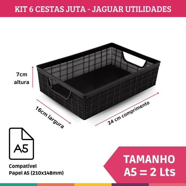 Imagem de Kit 6 Cestos Organizador Juta A5 Multiuso Preto Jaguar Utilidades