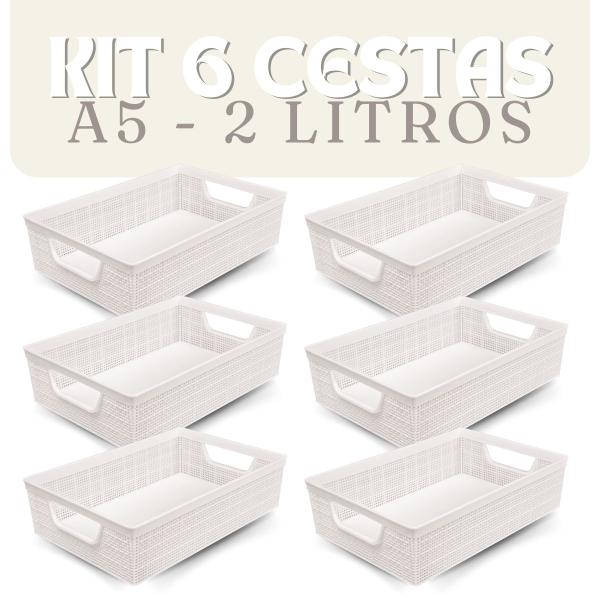 Kit 6 Cestos Organizador Juta Multiuso A5 Branco Jaguar Utilidades Imagem de Kit 6 Cestos Organizador Juta Multiuso A5 Branco Jaguar Utilidades