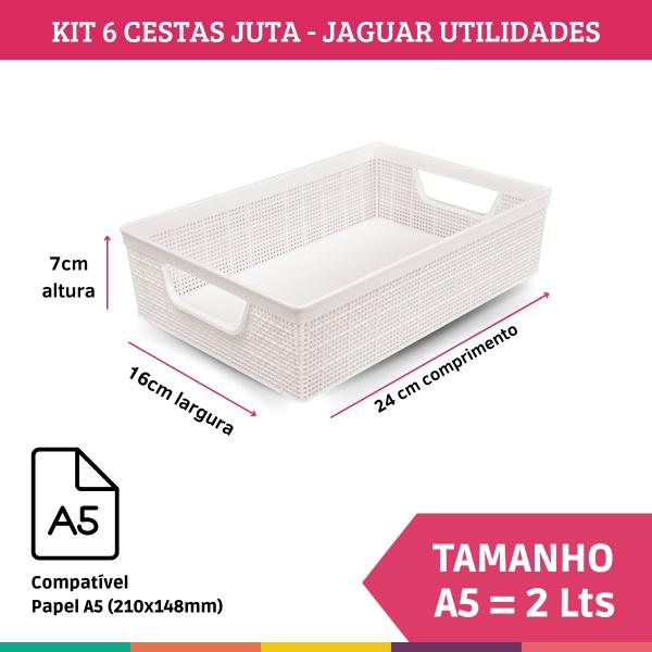 Kit 6 Cestos Organizador Juta Multiuso A5 Branco Jaguar Utilidades Imagem de Kit 6 Cestos Organizador Juta Multiuso A5 Branco Jaguar Utilidades