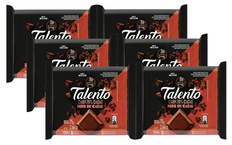 Imagem de kit 6 Chocolate Talento Sabor Nibs DARK 70% Cacau 75g