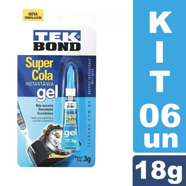 Imagem de Kit 6 Cola TekBond Instantânea Gel 3g Não Escorre Resistente