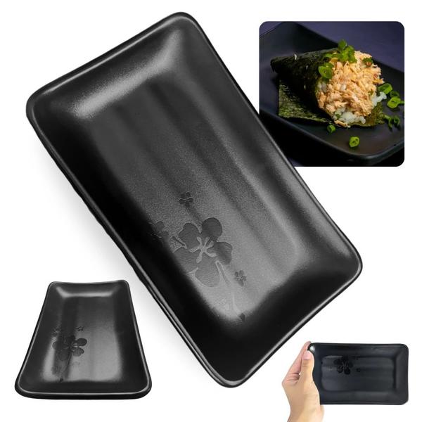 Imagem de Kit 6 Colheres para Sopas e Molhos Preta + 6 Travessas Prato para Sushi 18 X 11 Cm Melamina