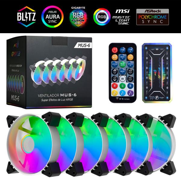 Imagem de Kit 6 Coolers 120mm RGB Fan para Gabinete CPU PC Gamer Desktop Com Controle Remoto e Controladora