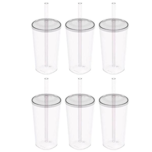 Imagem de Kit 6 Copos com Tampa e Canudo 500ml Crippa Transparente Plástico Água Suco Bebidas