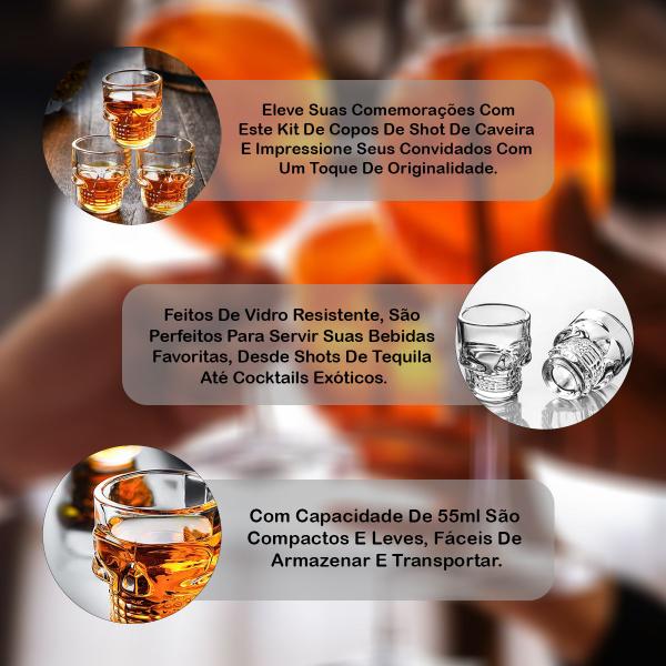 Imagem de Kit 6 Copos De Vidro Drink Shot Dose Tequila De Caveira 55ml Transparente