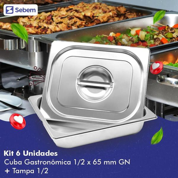 Imagem de Kit 6 Cuba Gastronômica 1/2X65MM De Inox Com Tampa Inox Gn Buffet Sebem