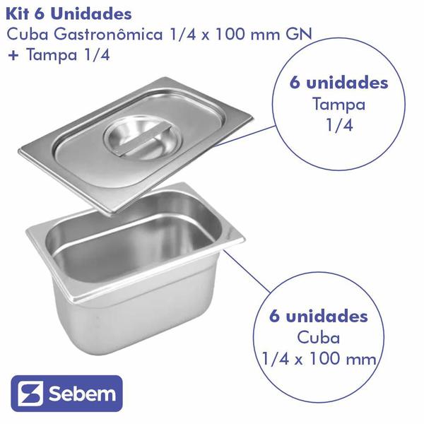 Imagem de Kit 6 Cuba Gastronômica Aço Inox Para Buffet GN 1/4X100MM Com Tampa Sebem