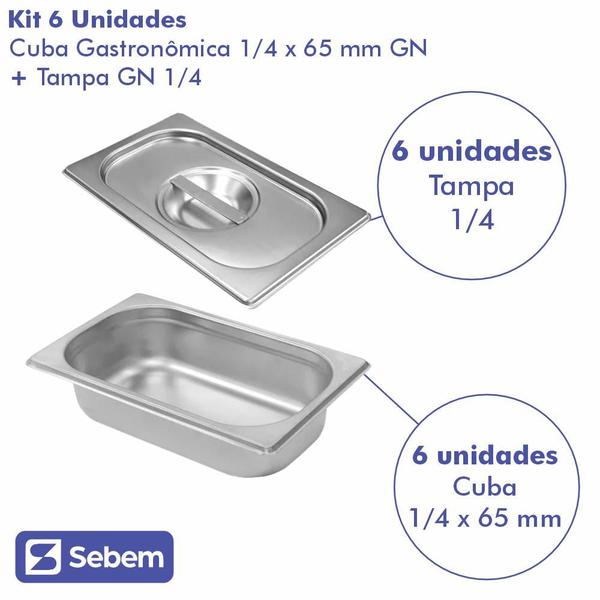 Imagem de Kit 6 Cuba Gastronômica Aço Inox Para Buffet GN 1/4x65MM Com Tampa Sebem