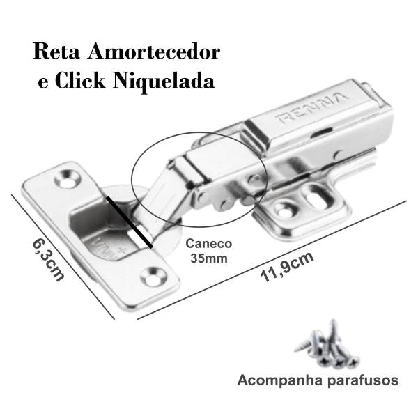 Imagem de Kit 6 Dobradiças Reta  Amortecedor Click Móveis + Parafusos