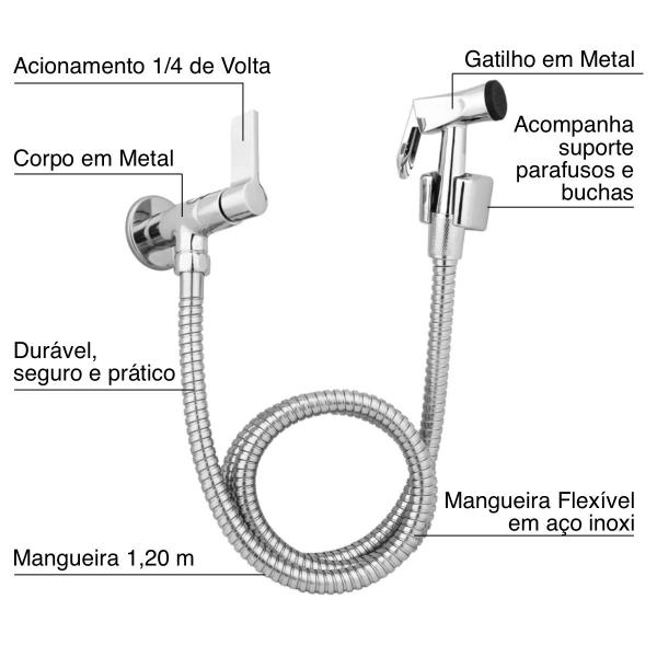 Imagem de Kit 6 Ducha Higiênica de Banheiro 1,20M C-70 1/4 Volta Metal