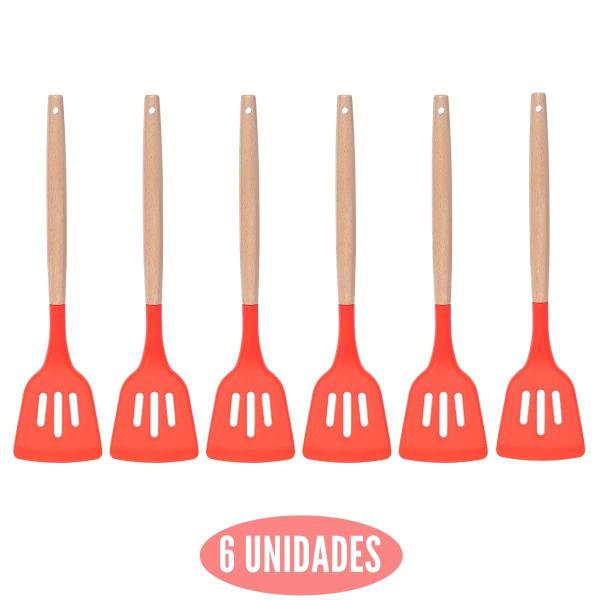 Imagem de Kit 6 Espatula Silicone Vazada Vermelho Cabo Bambu