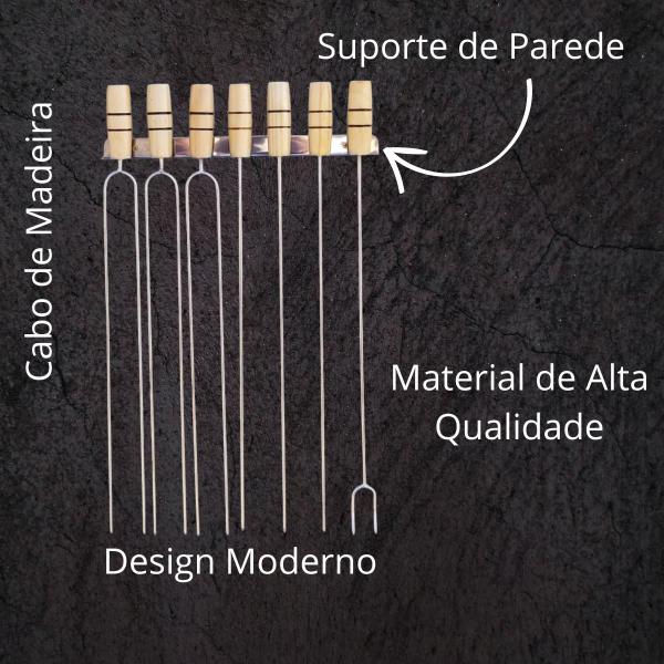 Imagem de Kit 6 Espetos 59 Cm Churrasco + Garfo + Porta Espeto Suporte de Parede