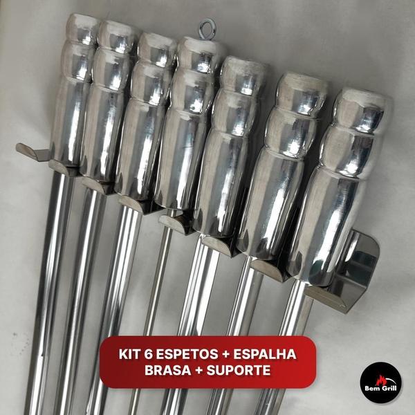 Imagem de Kit 6 Espetos Churrasco Espalha Brasa Com Suporte Em Inox