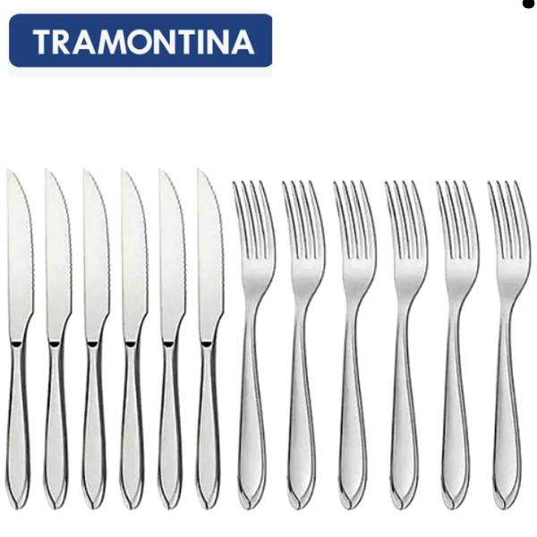 Imagem de Kit 6 facas + 6 garfos churrasco Tramontina laguna inox original