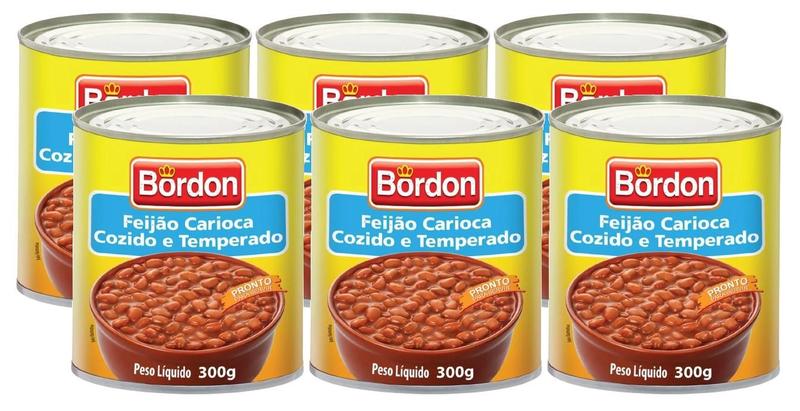 kit 6 Feijão Carioca Cozido e Temperado Bordon Lata 300g Imagem de kit 6 Feijão Carioca Cozido e Temperado Bordon Lata 300g