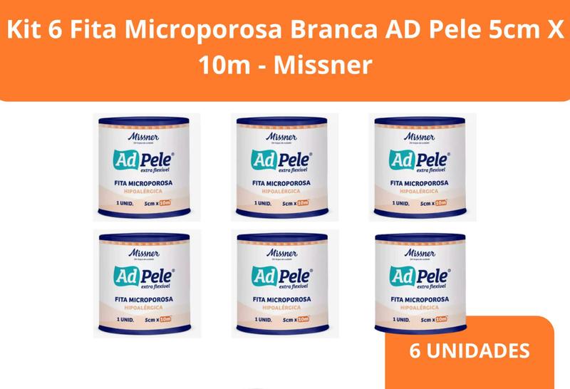 Imagem de Kit 6 Fita Microporosa Branca AD Pele 5cm X 10m - Missner