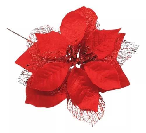 Imagem de Kit 6 Flor Bico De Papagaio Vermelho Luxo Natal 20cm Veludo