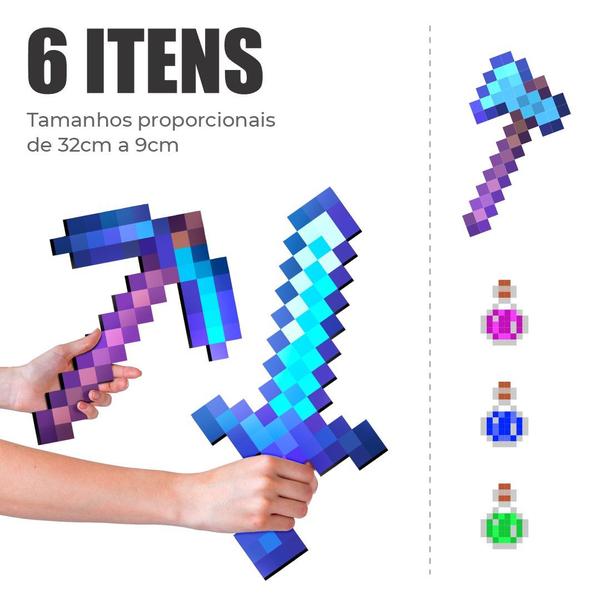 Kit 6 Itens Pixel Diamante Encantado Picareta Espada Mdf - ShopC Imagem de Kit 6 Itens Pixel Diamante Encantado Picareta Espada Mdf