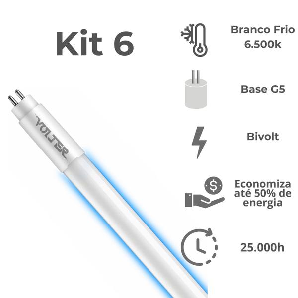 Imagem de Kit 6 Lâmpada Led Tubular Volter 9w T5 55cm G5 bivolt branco frio 6500k 950lm