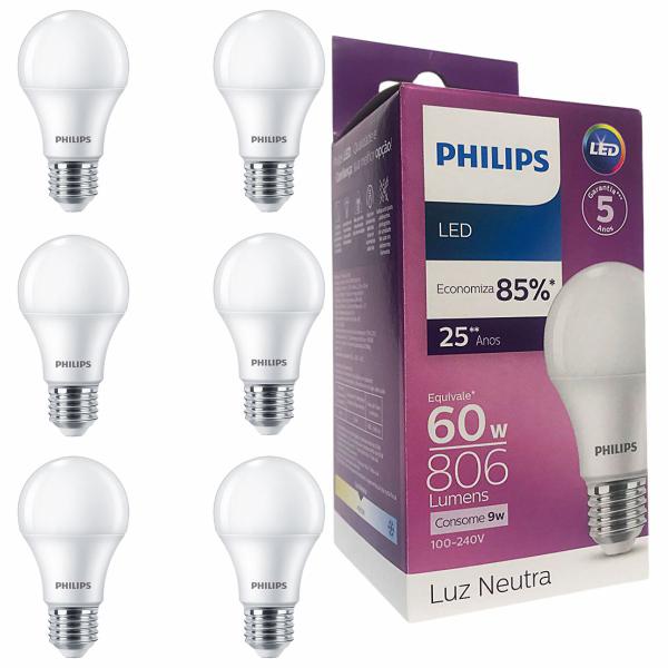 Imagem de Kit 6 Lâmpadas Led Philips Bulbo 9w Equivale 60w E27 Bivolt