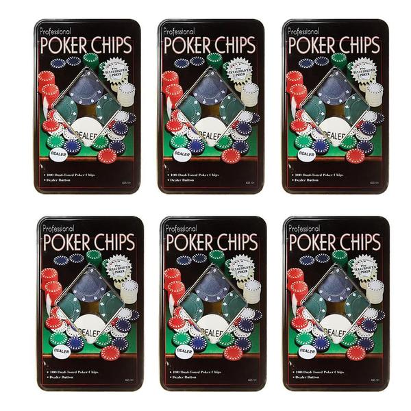 Imagem de Kit 6 Latas Poker Chips Com 100 Fichas + 1 Ficha Dealer Cada